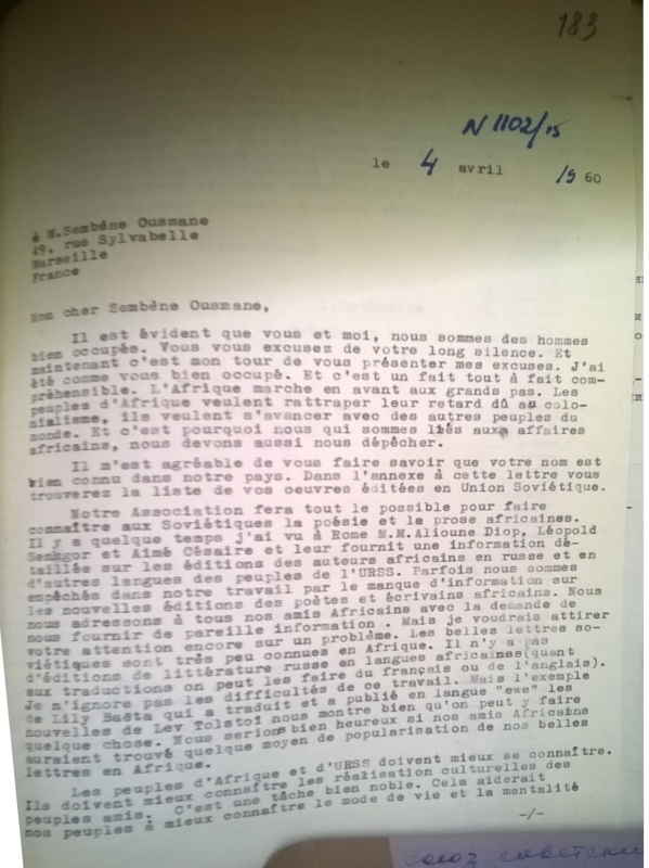 Document 8, 1/2 : Pothekine à Sembène (4 avril 1960)