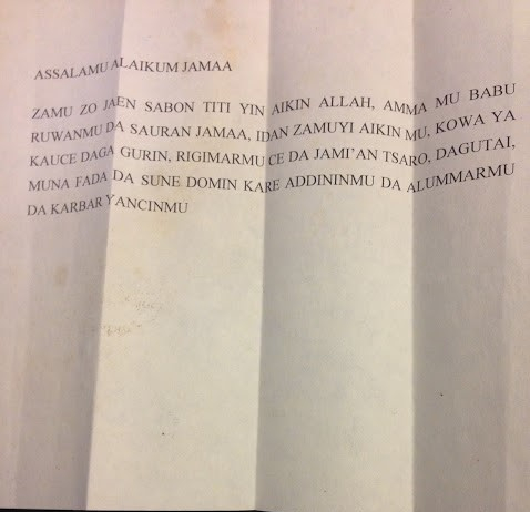  A letter purportedly distributed by Boko Haram members specifically to residents of a particular locale in Kano 
