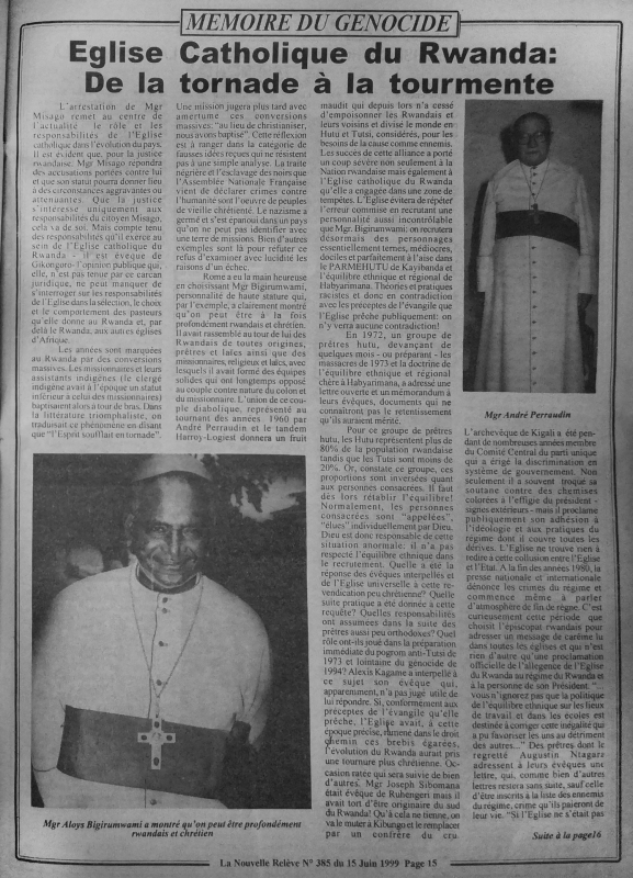 Document 5. Mwaniwabo, « Église catholique du Rwanda : de la tornade à la tourmente » (première page) 