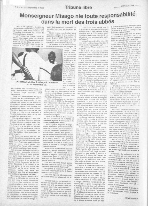 Document 6. A. Rwagahirima, « Monseigneur Misago nie toute responsabilité dans la mort des trois abbés » 