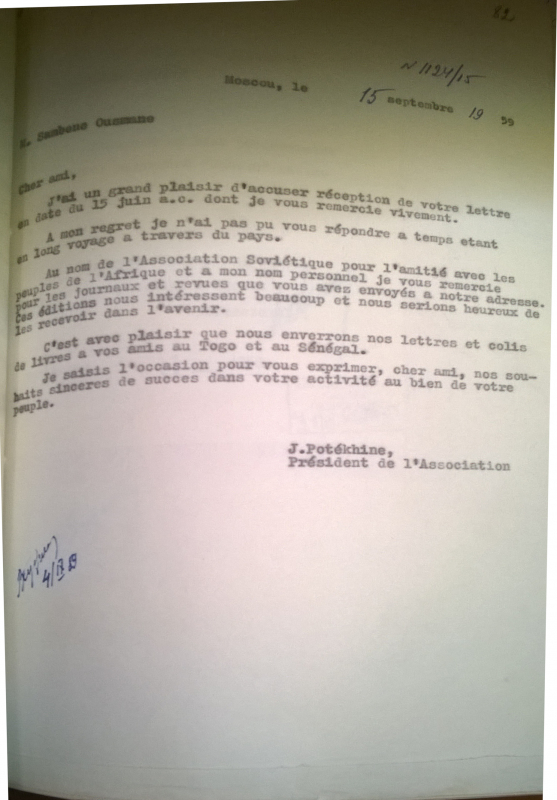 Document 6 : Potekhine à Sembène (Moscou, le 15 septembre 1959)