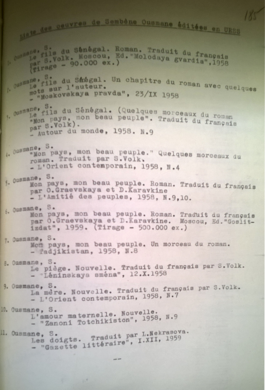 Document 9 : Liste des œuvres de Sembene Ousmane éditées en URSS