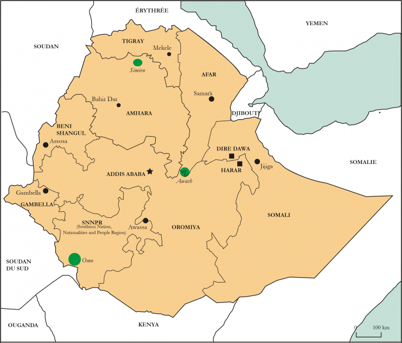 Carte 1. L’Éthiopie et ses premiers parcs nationaux (Awash, Omo, Simien)