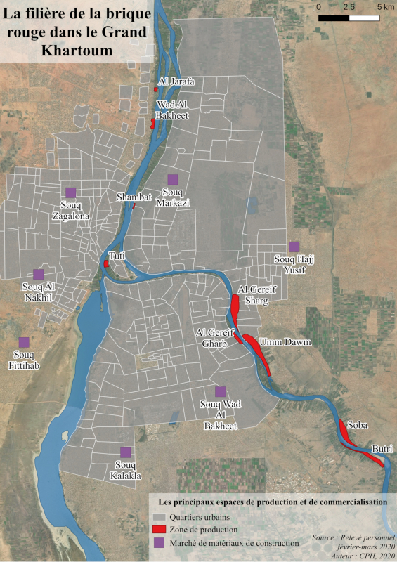 Figure 1 : Localisation des principaux espaces de production et de vente de la brique rouge à Khartoum 