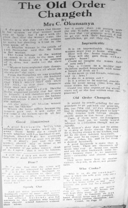 Mrs C.E. Okunsanya. “The Old Order Changeth.” Nigerian Tribune. Week-End Supplement, Saturday 2, December 1950, sec. “For Women Only. Women, This Page Is Yours: Use It” (p. 6).