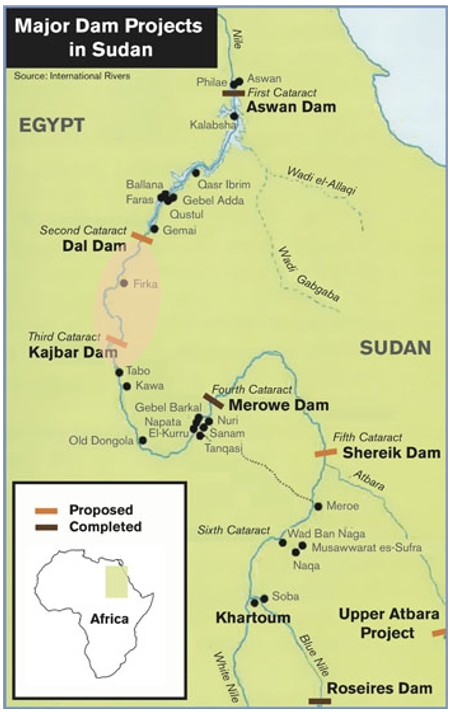 Map 1. Major dam projects in Sudan and palm fire events in Northern State, Sudan 