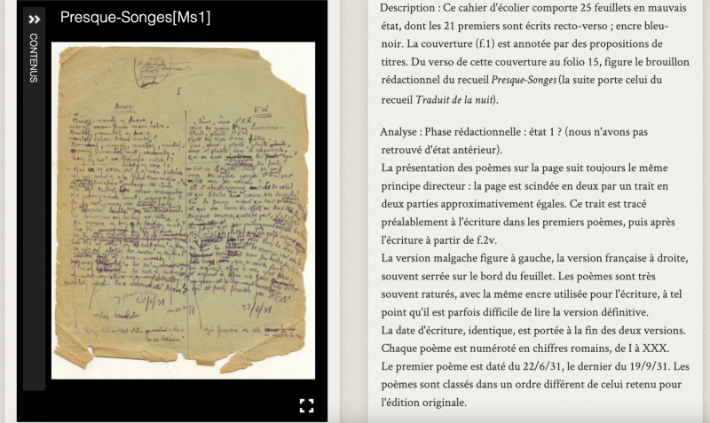 Figure 10. Capture d’écran, page de présentation, manuscrit de Presque-Songes