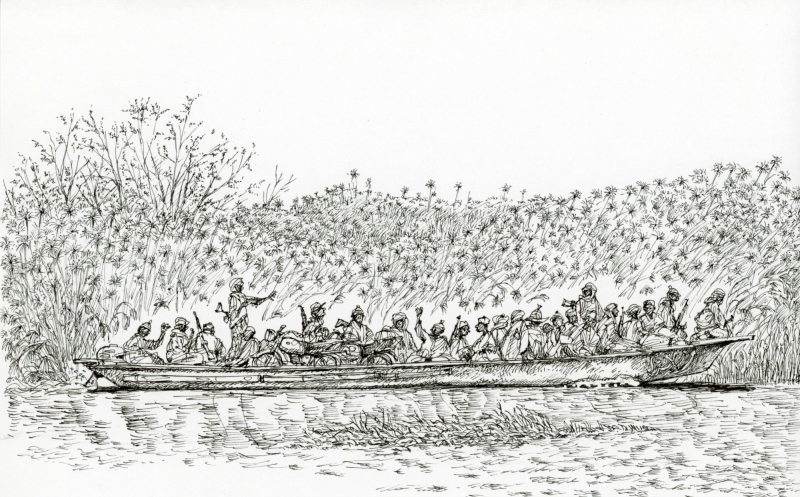 Figure 33. Un « hors-bord » de Boko Haram longeant une papyraie sur le lac Tchad 