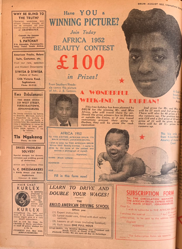 Figure 4. Mr. and Miss Africa 1952 Beauty Contest, featuring Ivy Barnor (right). Drum, international edition, August 1952