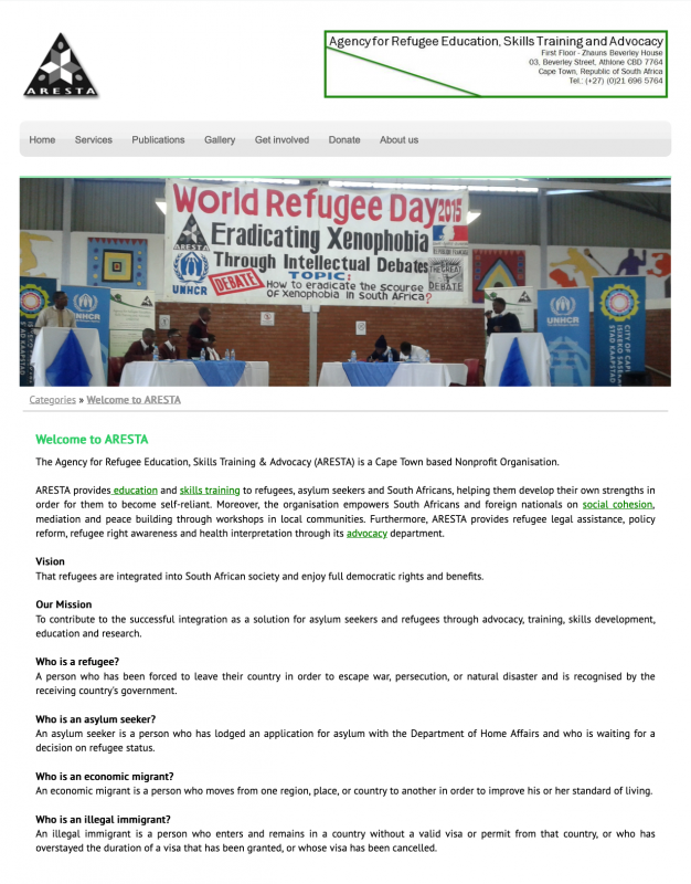 Capture d’écran de la page d’accueil du site internet d’ARESTA, 25 mars 2016