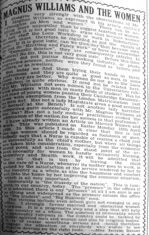 Mrs Ibiyemi Bright. “Magnus Williams and the Women.” Daily Times, May 22, 1950, sec. “Saturday Supplement- Our Women’s Page” (p. 1).