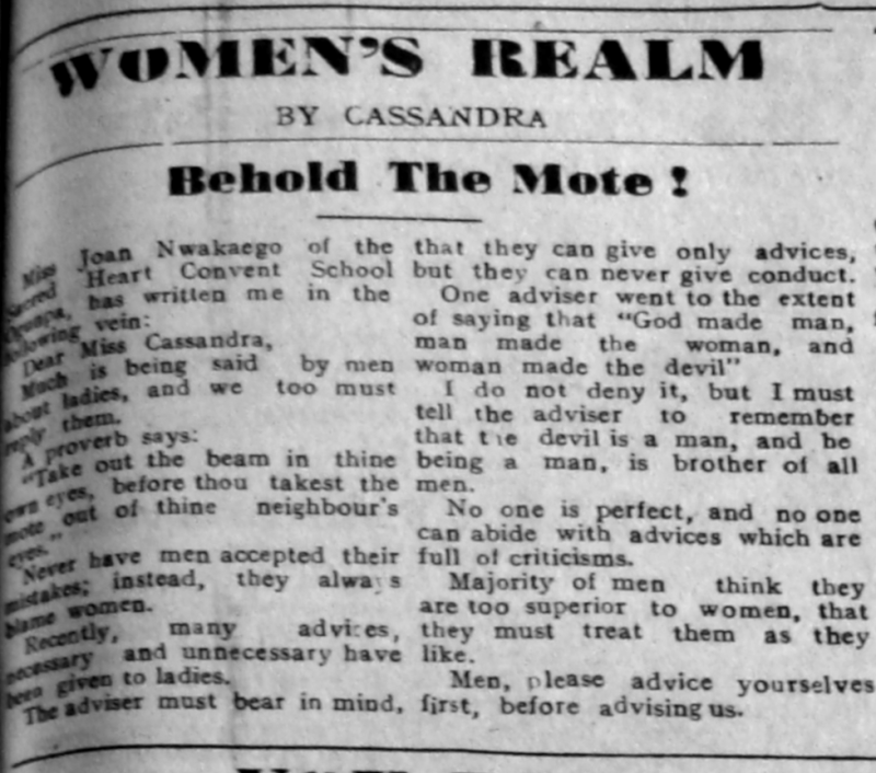 Mrs Joan Nwakaego. “Behold the Mote!” Southern Nigerian Defender, October 17, 1946, sec. “Women’s Realm” (p. 3).