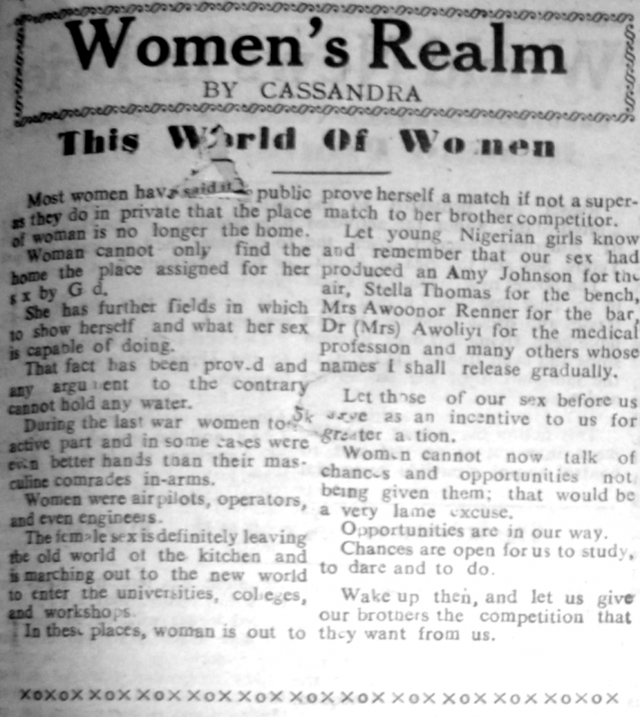 Cassandra. “This World of Women.” Southern Nigerian Defender, February 6, 1948, sec. “Women’s Realm” (p. 3).
