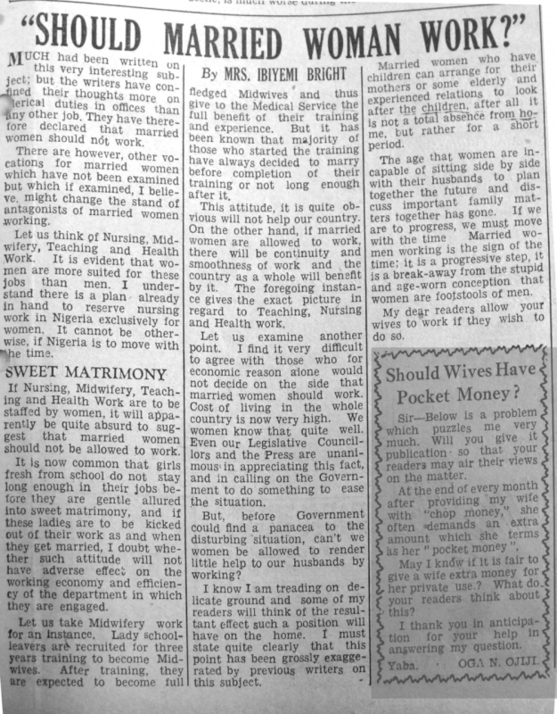Mrs Ibiyemi Bright. “Should Married Woman Work?” Daily Times, April 10, 1950, sec. “Our Women’s Page” (p. 5).