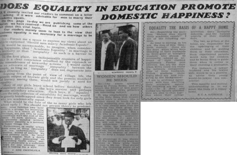 J. Ade Oguntola. “Does Equality in Education Promote Domestic Happiness?” Daily Times, May 6, 1950, sec. “Saturday Supplement - Our Women’s Page” (p. 1).